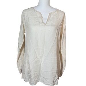 Eileen Fisher Silk Cotton Sequin V-Neck Tunic M Cream Excellent Long Sleeve Top